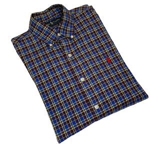 Ralph Lauren Mens Shirt Tattersall Plaid Blue/Red/Yellow Button Long Sleeve-S